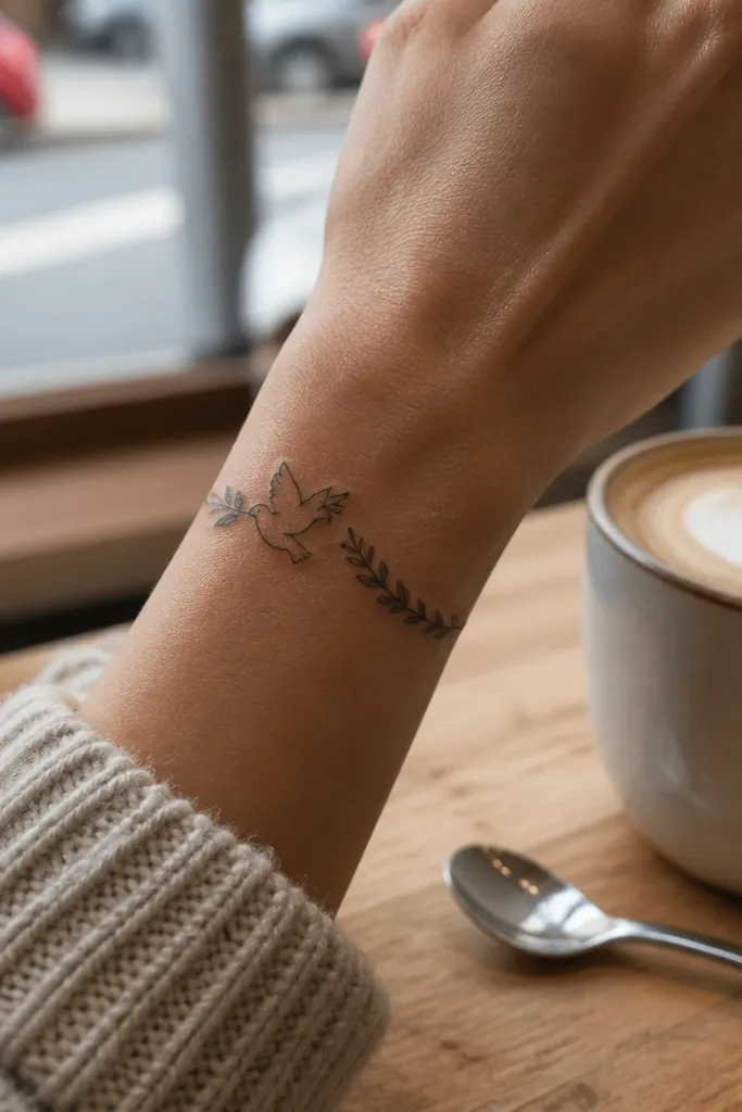 A thin olive branch wraps partly around the wrist like a cuff. A tiny dove sits near the top of the wrap, with simplified wings and a small tail. The tattoo is fine black linework with tiny negative-space leaves. It's photographed in a close-up shot with the wrist slightly bent.