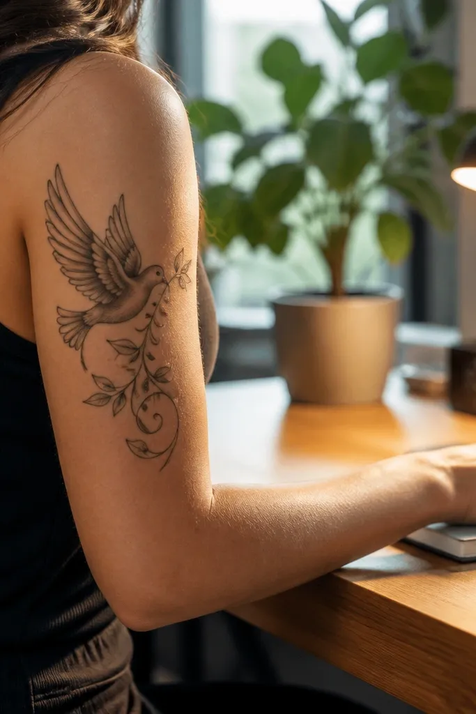 A dove profile sits above a long curling olive branch stem that looks like a scroll. The branch has larger leaves near the center and smaller leaves toward the tips. The tattoo is on the back of the upper arm, with crisp black outlines and a few gray feather gradients.
