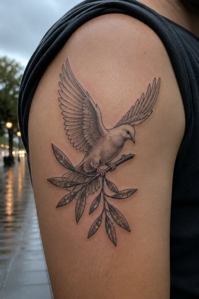 A dove is perched on an olive branch, and a few glossy-looking water droplets hang near the branch leaves. The droplets are outlined and shaded with light gray to create shine. The tattoo is on the inner forearm, with clean black linework and soft gray shading.