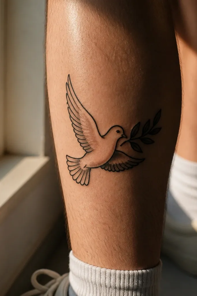 A dove facing left holds an olive branch beneath its wing. The tattoo has thick bold black outline and only light gray shading in the wing fold and under the beak. It sits on the calf, with the branch leaves shaped as clean teardrops.