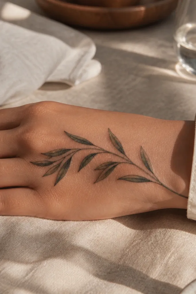 A black fine-line olive branch tattoo wraps along the side of the hand from the outer knuckle area toward the wrist, with a thin stem curving upward and small oval leaves spaced with clear gaps; the wearer is holding a coffee cup, showing the tattoo as the hand turns.