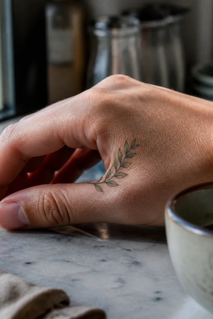 A small olive branch sits in the thumb webbing area, with two to three leaves on a short stem forming a gentle arc; the wearer's hand is open, thumb slightly out, showing the tattoo clearly.