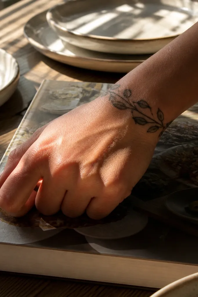 A horizontal olive branch sits on the top of the hand, spanning from near the index finger metacarpal toward the ring finger side; leaves alternate left and right with thin stems and tiny dot shading.