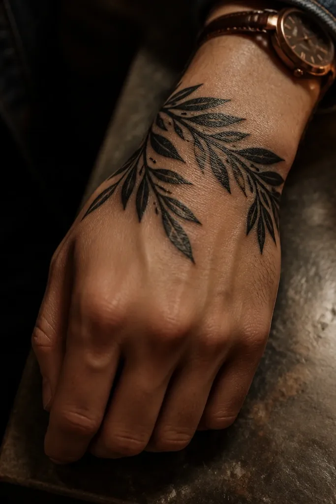 A partial cuff wraps around the outer wrist bone and climbs slightly onto the lower hand; thick black stem segments alternate with leaves that are outlined but left mostly unfilled, creating strong negative space.
