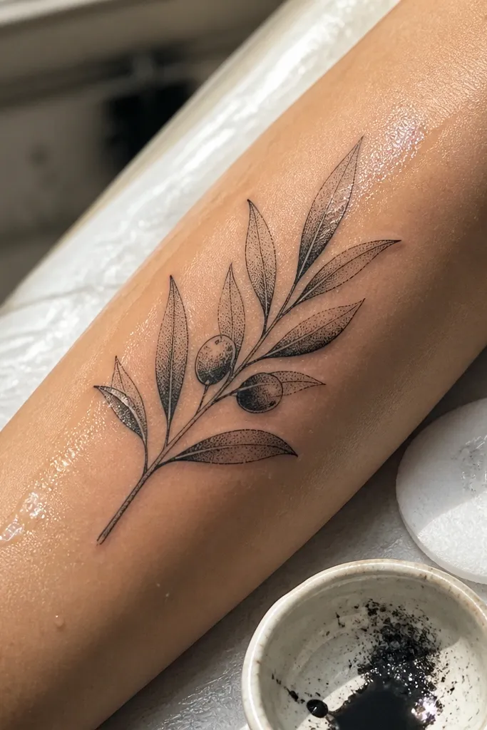 A delicate olive branch tattoo made mostly of fine black dots and tiny gray speckling runs diagonally across the back of the hand; a few leaves have lighter dot clusters on the top edges.