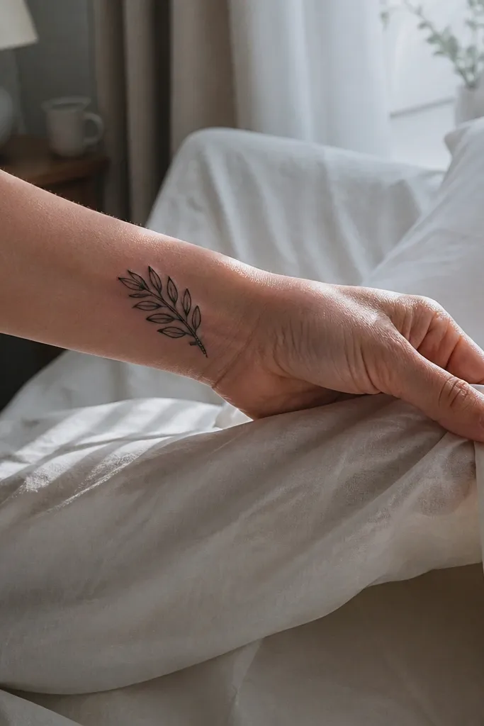 A minimalist olive branch sits on the inner wrist area with a smooth outline for the leaves and a stem that has subtle crosshatch texture; the wearer's wrist is turned to show the fine detail.