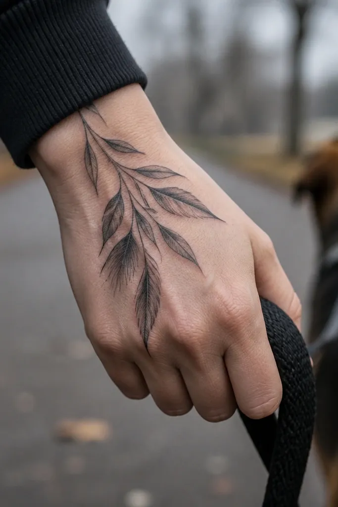 A stylized olive branch on the back of the hand uses elongated leaf tips that resemble small feathers, with a thin stem and subtle gray shading along one edge.