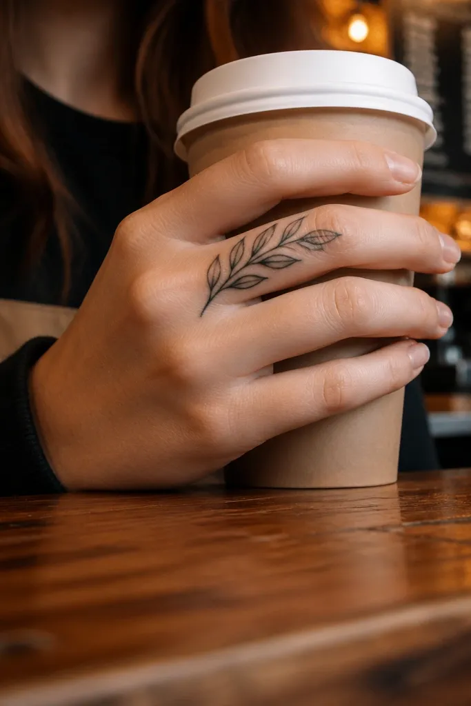 A delicate olive branch wraps around the side of the index finger, then stops at the middle knuckle with two leaves and a short stem segment; the wearer's fingers are slightly bent to show the wrap.