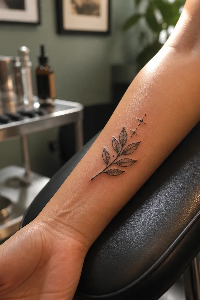 A minimalist olive branch on the outer wrist area with three leaves and a thin stem, plus a few tiny star-like spark dots above the top leaf; the wearer's wrist is shown beside a watch.