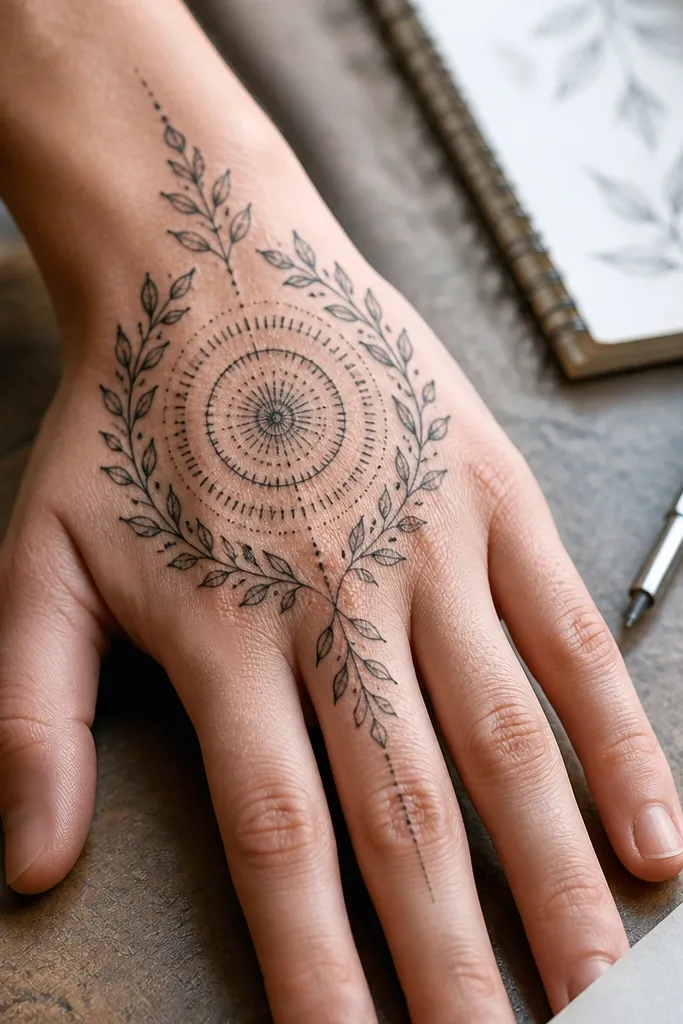 A small mandala circle on the outer back of the hand is framed by an olive branch that forms the bottom arc; the mandala has fine dot rings and the leaves have thin outlines.