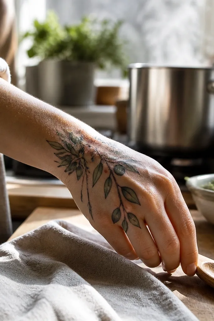 An olive branch on the back of the hand uses black linework with pale olive-green watercolor wash inside a few leaves, leaving other leaves fully black-outlined; the wearer's hand is in daylight.