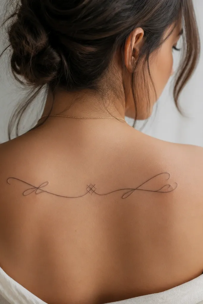 A shoulder blade tattoo: a curved ribbon line with one partner name on the left curve and the other on the right curve, both in the same cursive style, with a small cross-stitch style divider at the center.