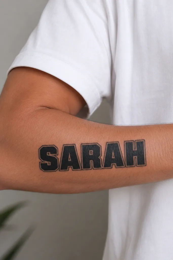 A forearm tattoo: the partner name in bold uppercase block letters, each letter filled black with a thin outline around the whole word, placed horizontally with crisp edges.