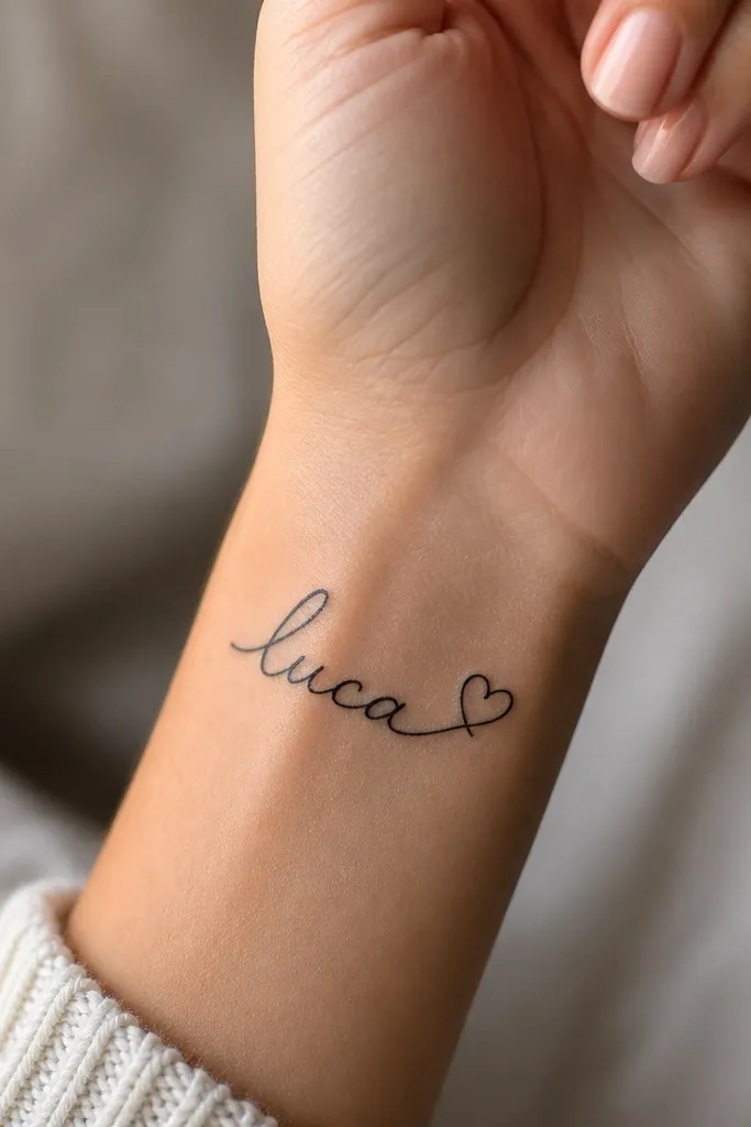 A wrist-side tattoo: cursive partner name in medium black, with the last letter looping into a small heart shape, no other symbols, with clean negative space inside the heart.