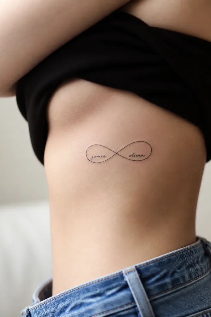 A side rib tattoo: a small infinity symbol drawn with smooth black lines, and the partner name written tiny inside the left and right loops, with balanced spacing.