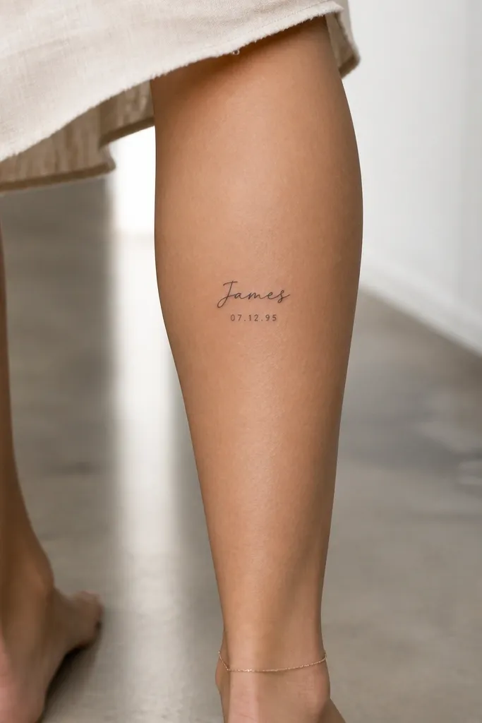 A calf tattoo: partner name in small script, with a second line of tiny numbers directly beneath it, aligned center, all in black ink.