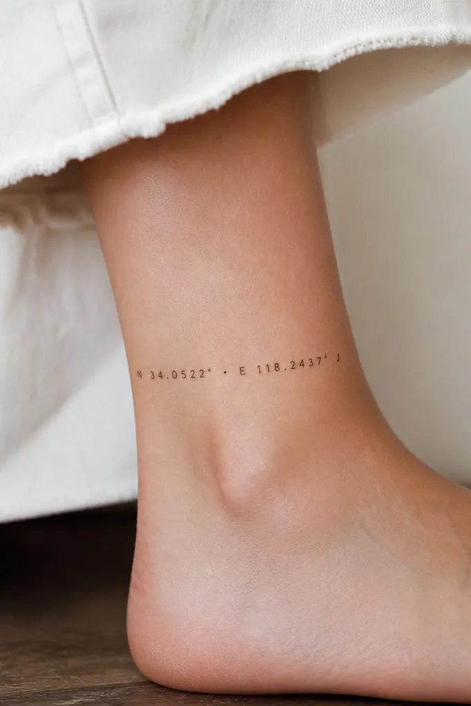 An ankle tattoo: a thin line of small numbers and a partner name initial on either side, arranged like coordinates, with a small dot separator between groups.