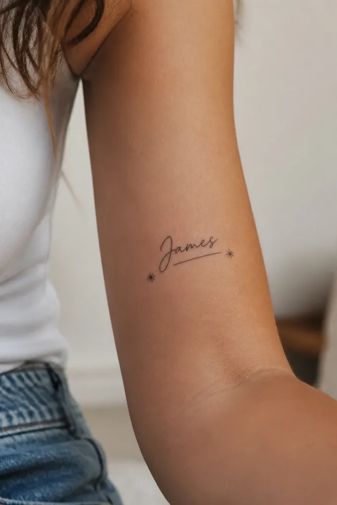 An upper forearm tattoo: a handwritten-style partner name in medium black, a thin underline beneath it, and two small starburst dots to the sides of the underline.