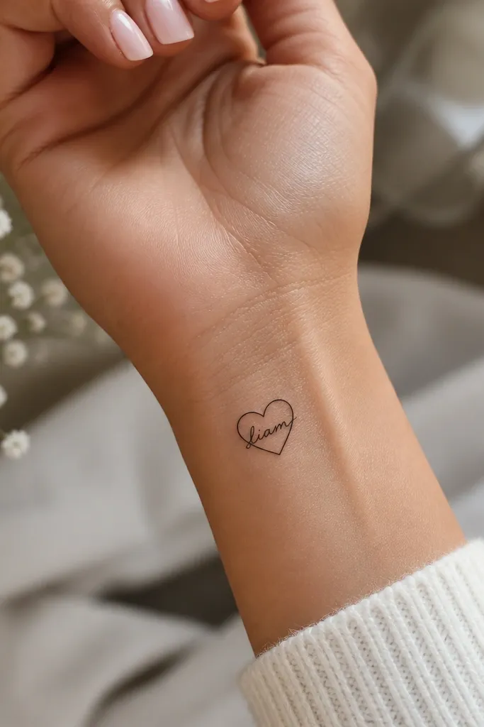 A wrist to thumb-side tattoo: a small heart outline in black, with the partner name written in tiny cursive across the inside, centered and neat.