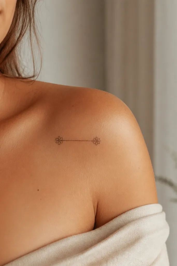 A small shoulder tattoo: two partner names stacked vertically with a thin horizontal divider line between them, and two micro flower icons at the ends of that divider.