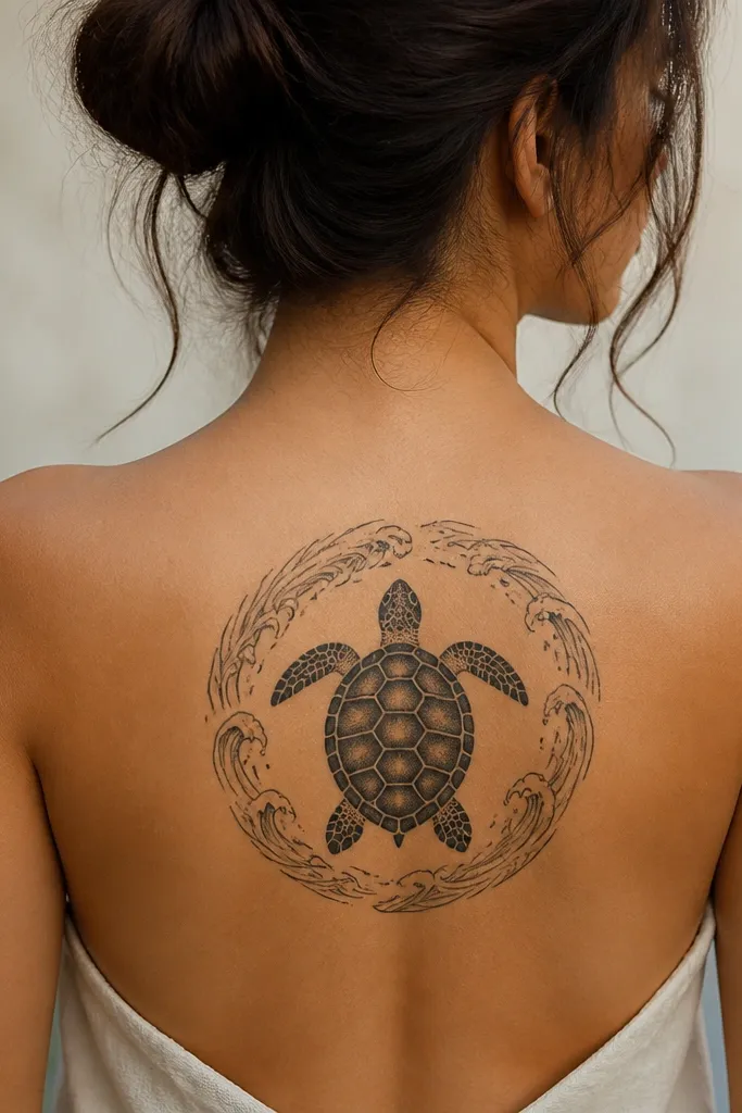 A centered turtle silhouette at mid-back with a rounded halo of wave lines wrapping around it like a ring; thick black turtle outline with lighter, smaller wave strokes around the edges.