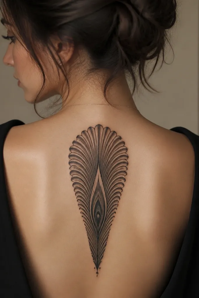 An upper-back tattoo that looks like a vertical shell or peacock-feather panel, with dense curved lines that fan outward near the top and taper toward the center; strong black shading lines and tight negative space.
