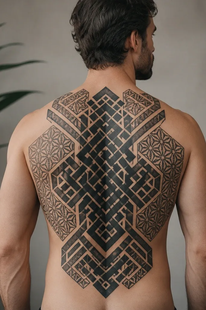 A blackwork back pattern made of interlocking geometric blocks and bands, with clean straight edges and medium-negative space gaps; the center is darker, while the side blocks have lighter fill.