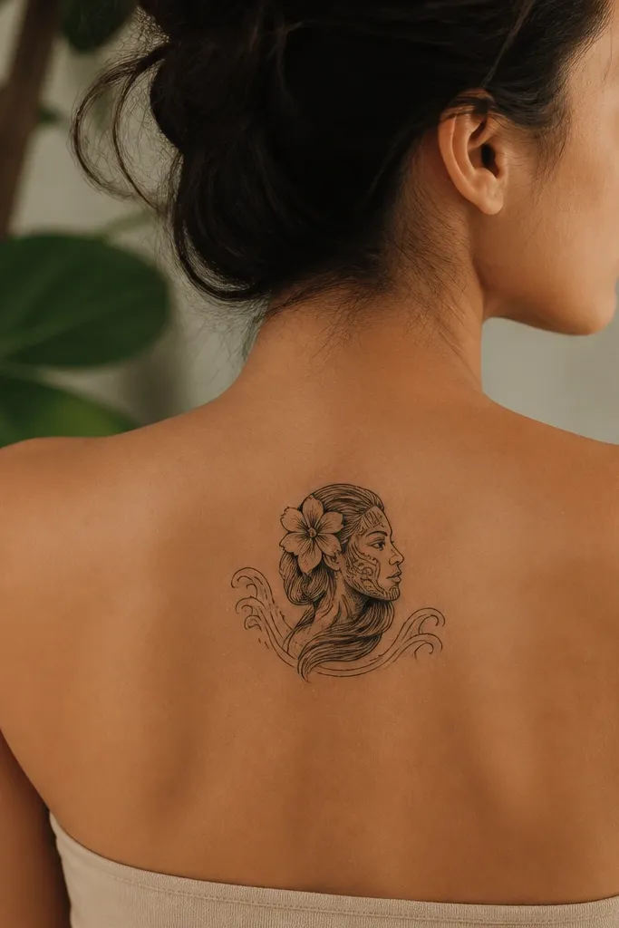 A smaller upper-back Polynesian face cameo with thin black engraving lines, placed slightly off-center; it has fine line shading and a few small wave accents near the sides.