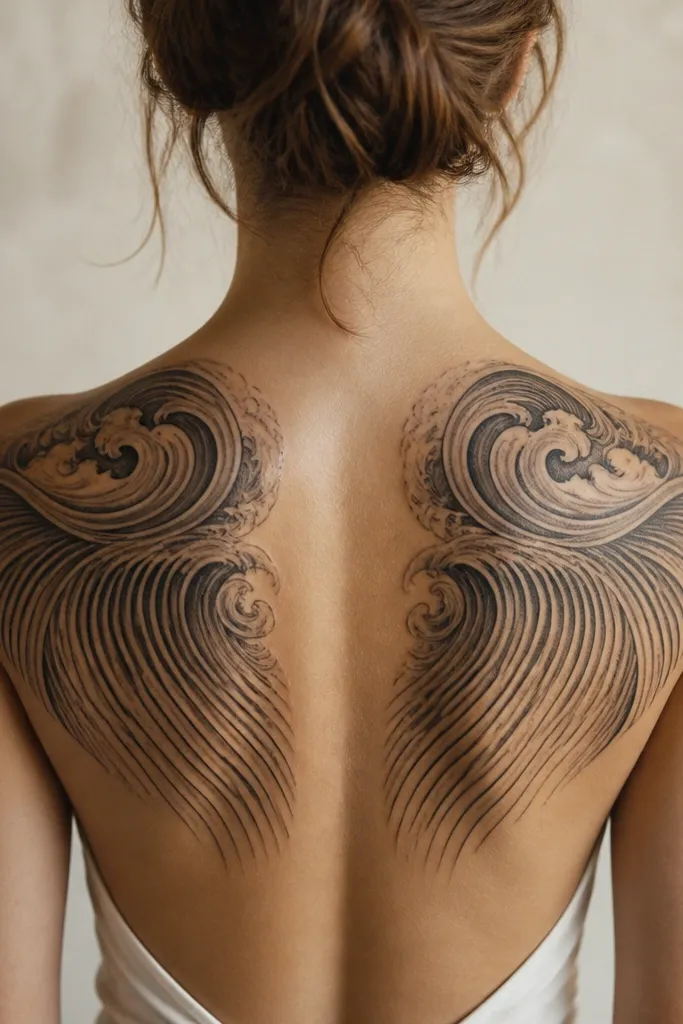 A symmetrical design split across both shoulder blades, with mirrored wave and comb patterns on the left and right; the center spine area has a lighter band so it looks balanced.