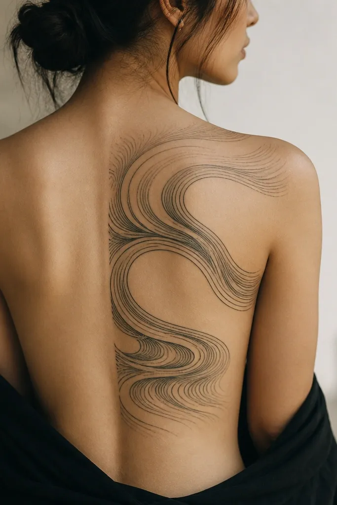 A half-back tattoo that starts near the spine and flows outward with wave lines, leaving large clear negative space panels; the wave bands are medium-thick and fade slightly toward the edges.