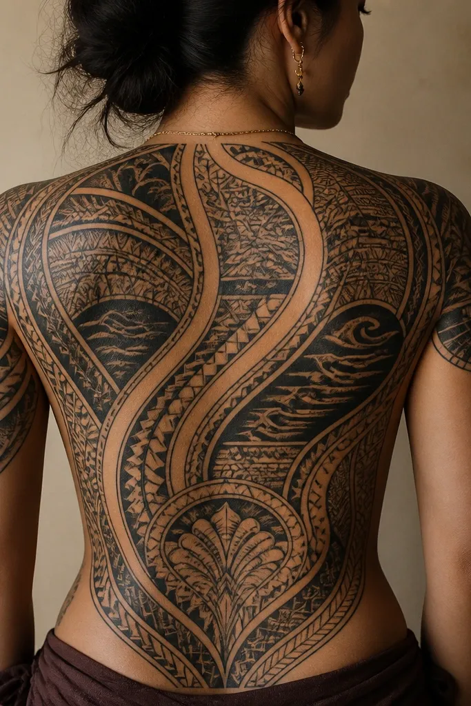 A full back Polynesian tribal layout with dense blackwork coverage, layered bands, and multiple focal zones; the center spine is darkest, while side areas have patterned fills and controlled negative space.
