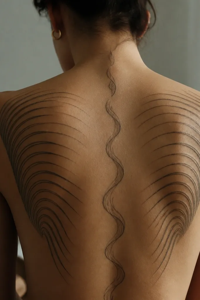 A back tattoo that frames each shoulder blade with comb-like lines, while a thinner wave spine runs down the center; the center has more negative space than the sides.