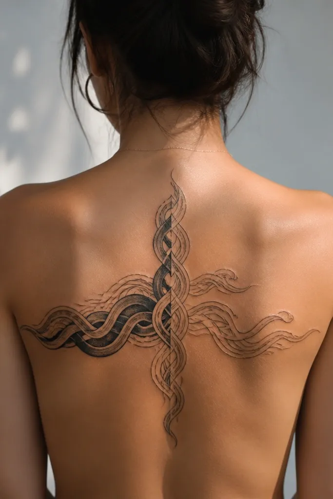 A centered back tattoo with interlocking braid-like bands that twist across wave lines; one side has slightly heavier interlocks and the other side has lighter interlocks for a matched set effect.
