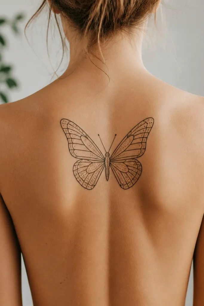A butterfly in crisp outline with small dots filling parts of the wings, centered over the spine with wings angled outward.