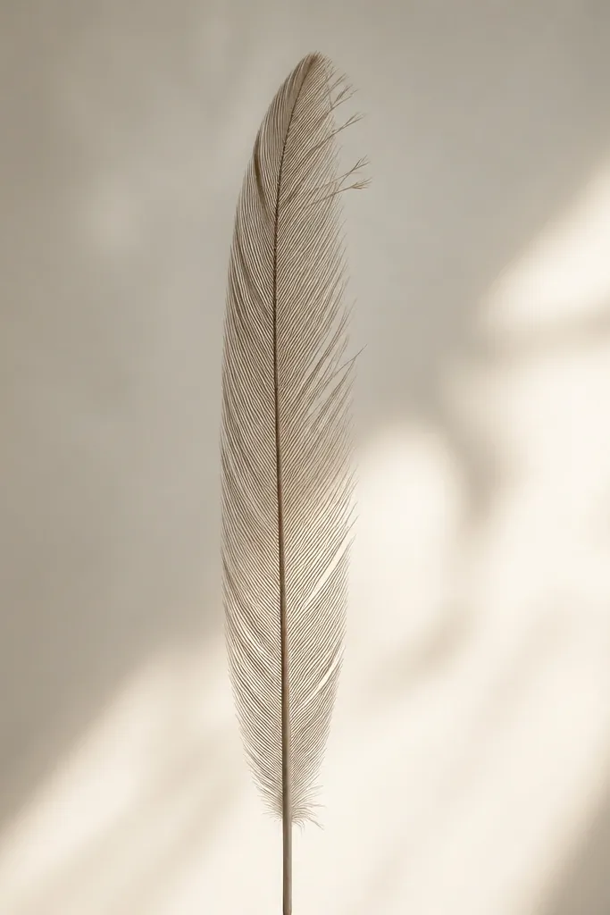 A slender feather drawn vertically with thin barbs and a few tiny "featherlet" offshoots near the top.