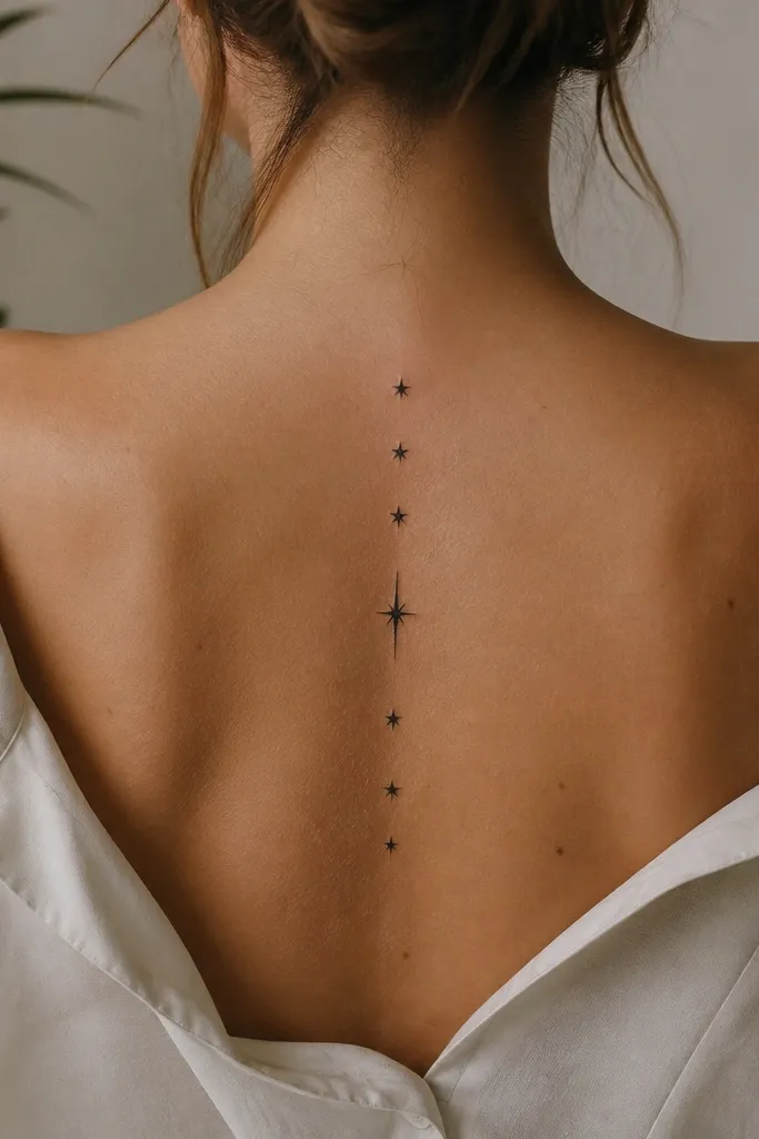 A cluster of small five-point stars centered on the spine, with one star stretched slightly longer for emphasis.