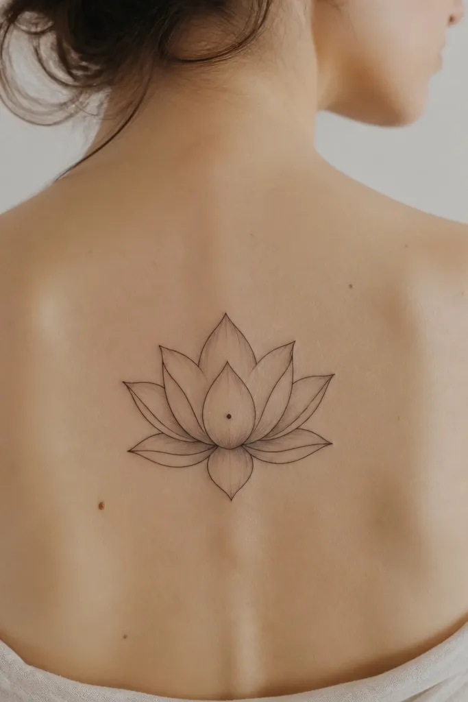 A lotus flower in fine line black with a single dot in the center, plus small petal shading in light gray.