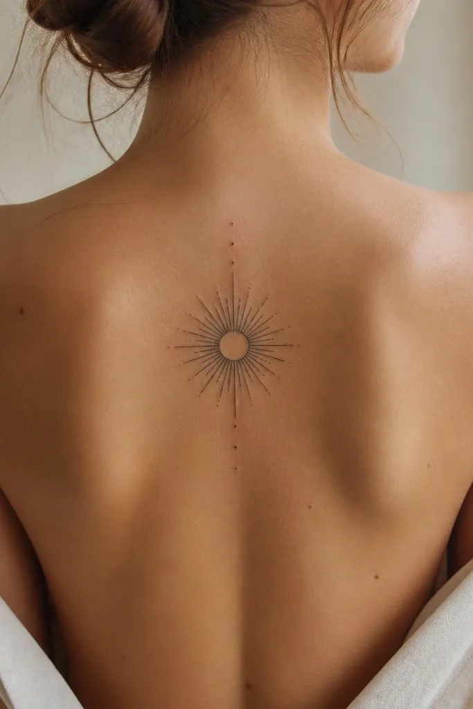 A small sunburst centered over the spine with thin rays radiating outward, mostly black linework with minimal gray.