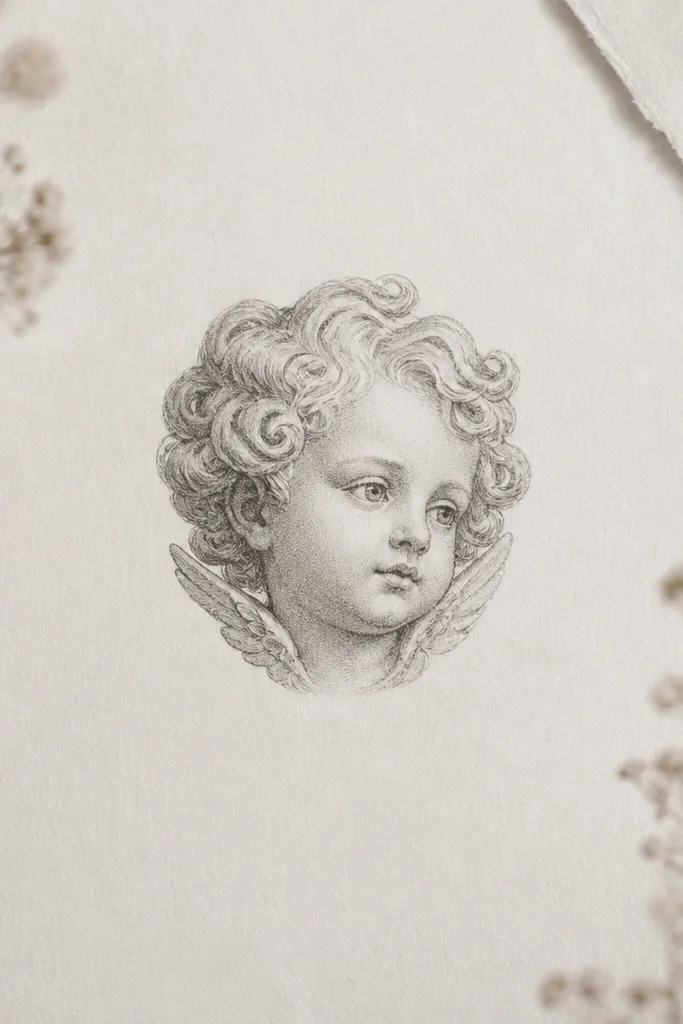 A small cherub head with curly hair shading in light gray, centered with delicate linework and a calm expression.
