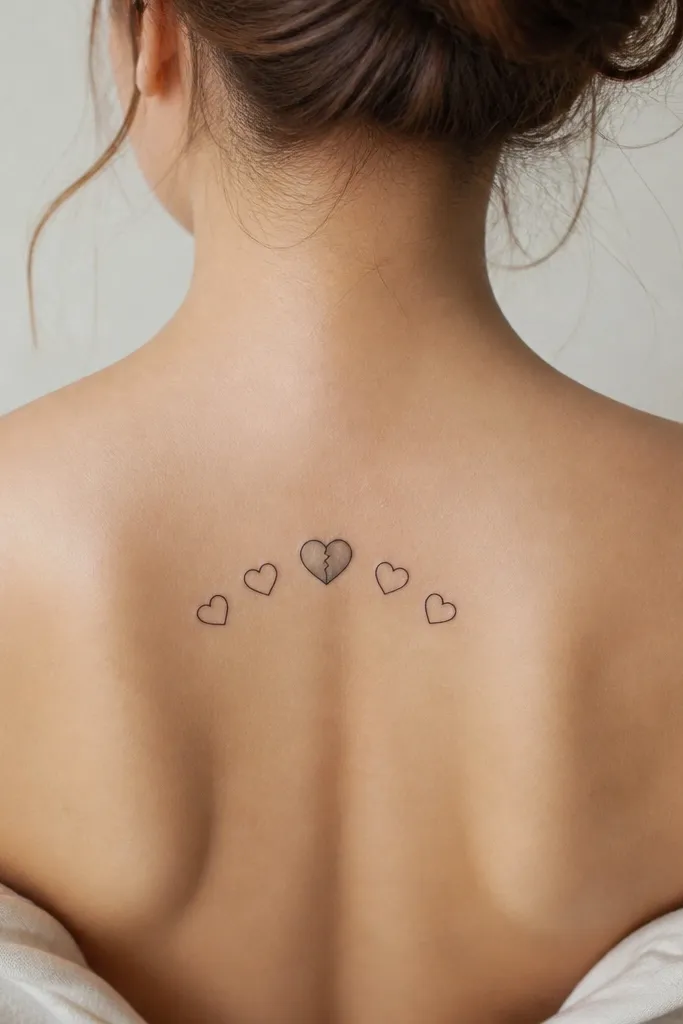 A small arch of heart shapes centered over the spine, with one heart subtly cracked and shaded in gray.