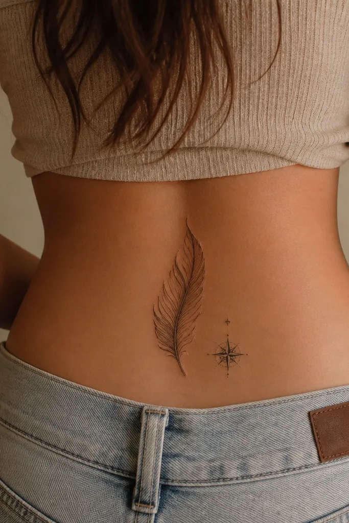 A small feather drawn in thin black lines with light grey shading, plus a miniature compass rose in the feather shaft area, all centered on the lower hip curve.