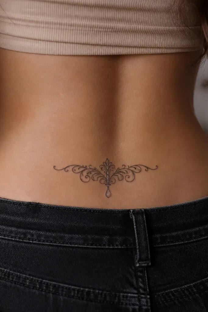 A small baroque-style swirl in black ink with grey wash shading and one teardrop shape highlighted near the center, placed on the upper glute crease.