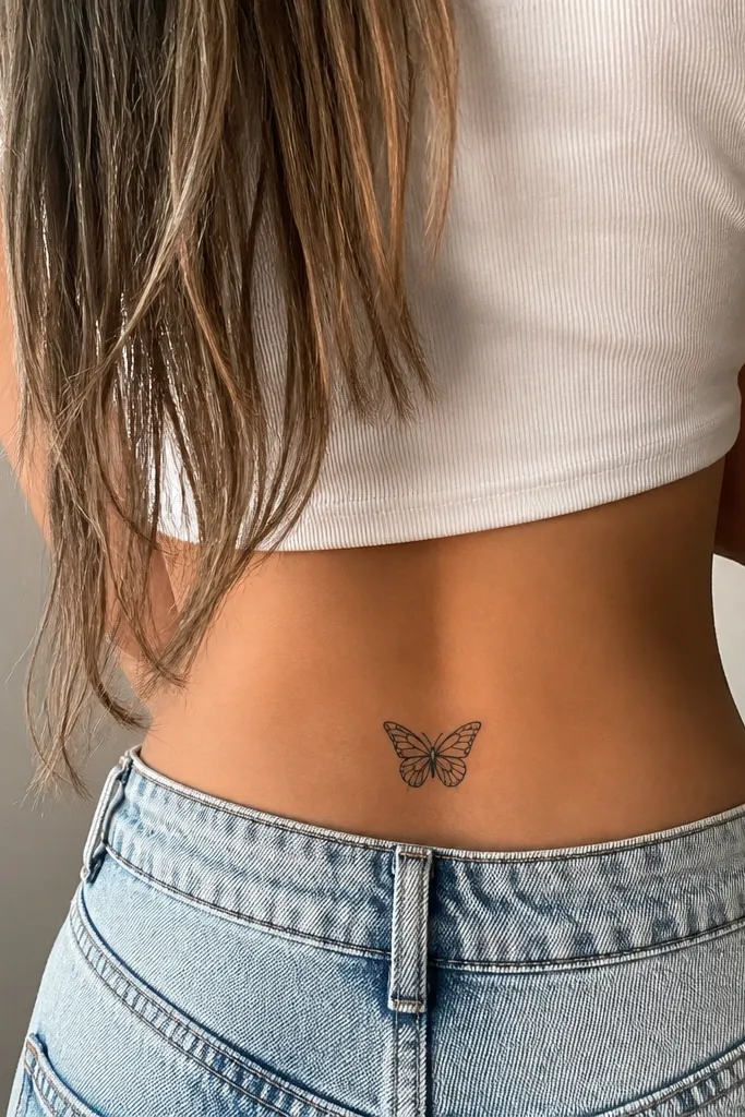 A tiny butterfly with thin black outlines and internal wing lines made from negative space, plus a small grey wash body, placed on the lower hip curve.