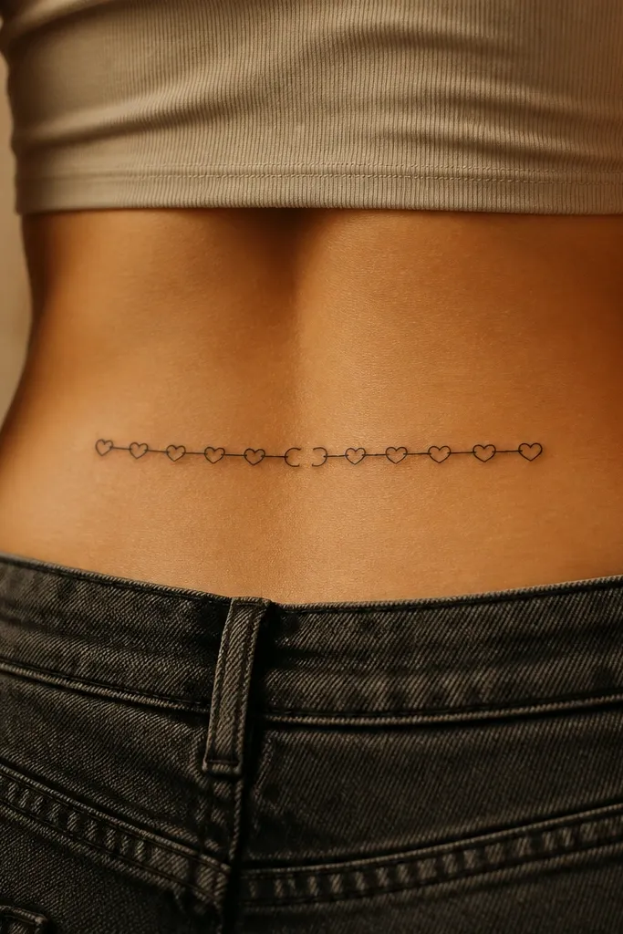 A short chain of three tiny hearts in black linework with grey wash shadows, and one heart shown as a slightly broken link near the center, placed along the hip curve.