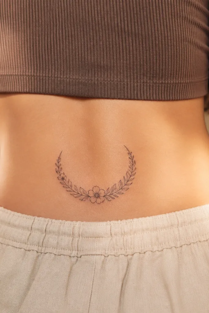 A crescent-shaped line made of tiny flower buds and leaves, drawn in thin black ink, with a faint grey wash at the base of each bud, placed on the upper glute crease.