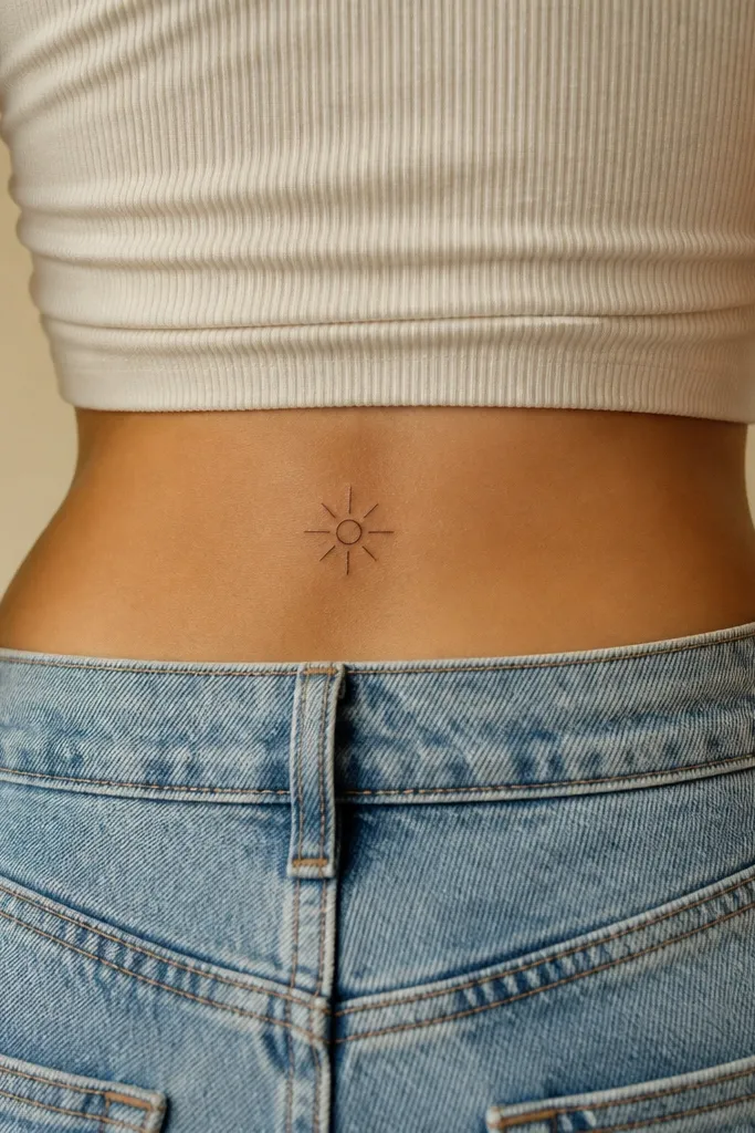 A tiny sunburst drawn with a circle and exactly eight thin rays, black ink with minimal grey shading, placed on the upper glute crease.