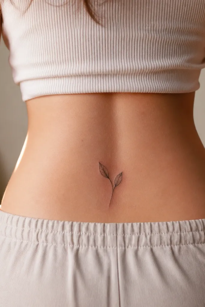 A tiny botanical branch in black linework with two small leaves shaded lightly in grey, placed along the lower hip curve with the stem curving downward.