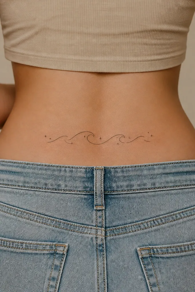 A single small wave drawn in black, with a few micro sparkle points around the crest, and faint grey under the wave, placed on the lower hip curve.