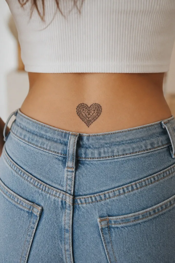 A small heart outlined in black with lace-like openwork lines inside, grey wash shading at the heart edges, placed on the upper glute crease.