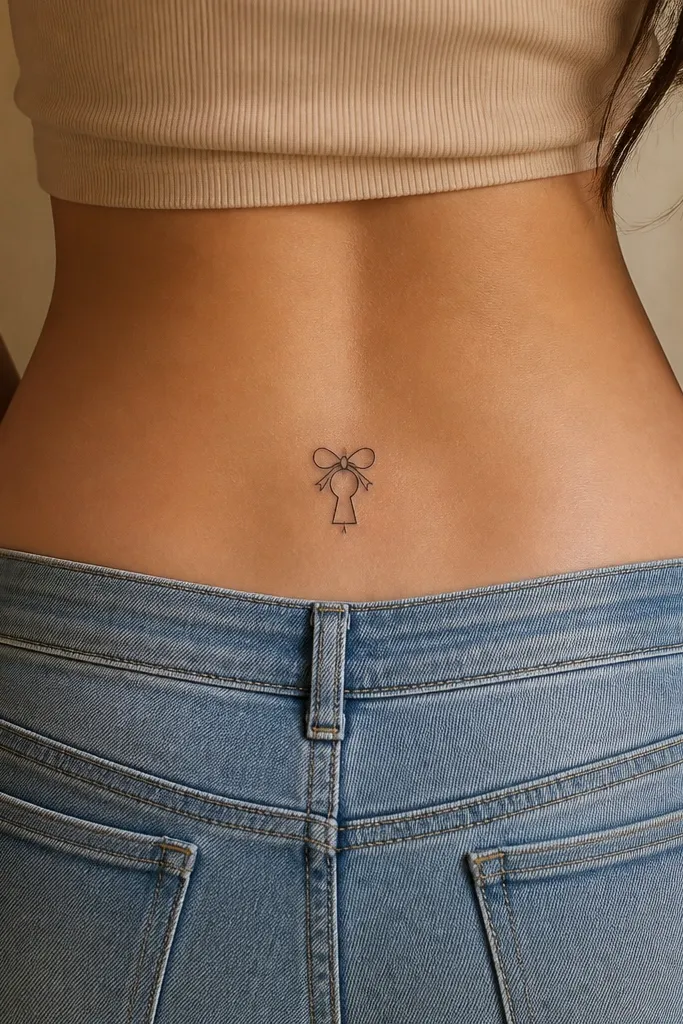 A tiny keyhole in black linework with a small bow knot at the top, and light grey shading around the keyhole opening, placed on the lower hip curve.